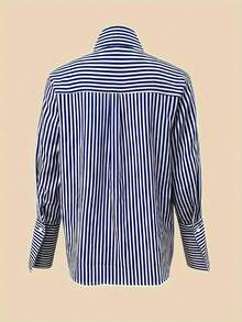 Women's Fashionable Commuter Loose Striped Long Sleeve Shirt Spring - Blue - View 4