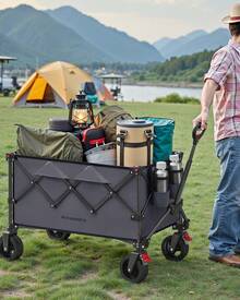 SONGMICS Carro de Mano Plegable, Carro de Jardín, 150 L, con 4 Ruedas Extraíbles, Carga de 150 kg, para Exterior, Jardín, Gris Pizarra - Gris - Ver 2