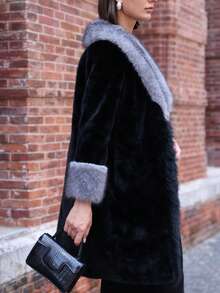 Women's Long Sleeve Contrast Color Big Fur Collar Warm Faux Fur Coat - Dark Grey - View 2
