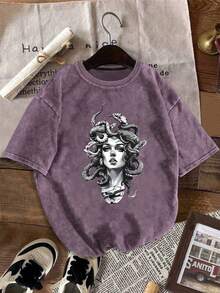 YUNCHIC - Men's Vintage Washed T-Shirt, Creative Medusa Graphic, Casual Loose Fit, Lightweight & Breathable, Suitable For Summer Outdoor Activities And Daily Wear - Purple - View 1