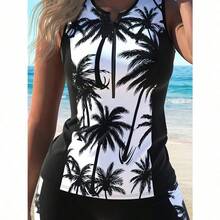 Minimally Casual Split Swimsuit With Flat Corner Pants, Tankini Black And White Coconut Patchwork Print, Slim Fit And Slimming Beach Vacation Swimsuit For Women - 黑色 - 查看 1