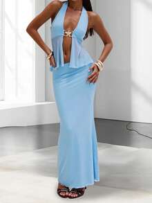 Y2k Ruffle Long Skirt Sets For Women 2 Piece Outfits Summer Ruched Backless Cami Top Matching Boho Maxi Skirt Set - 藍色 - 查看 4