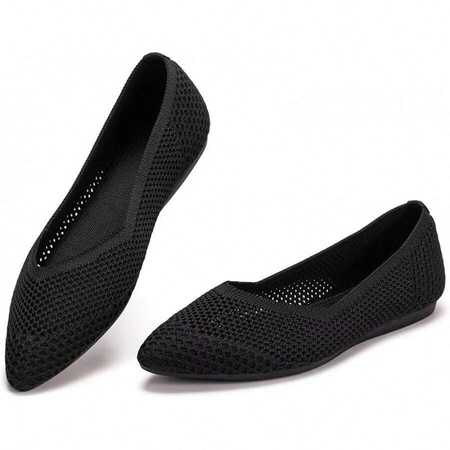Womens Flat Shoes Classic Pointed Toe Flats Knitted Dress Shoes Soft Comfortable Dressy Flats Women - 黑色網眼 - 查看 1