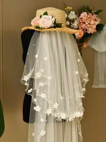 1 件双层仿珍珠花新娘头纱，华尔兹长度，适合婚礼仪式、婚纱摄影，带发梳 - V217 - 查看 9