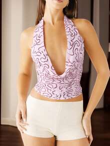 Women's Sequin Halter Tank Tops Sleeveless Backless V-Neck Ruched Cropped Vest For Party - Pink - View 2