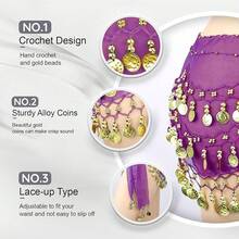 Chiffon Belly Dance Hip Scarf With 128 Coins For Yoga Class - 紫色 - 查看 2