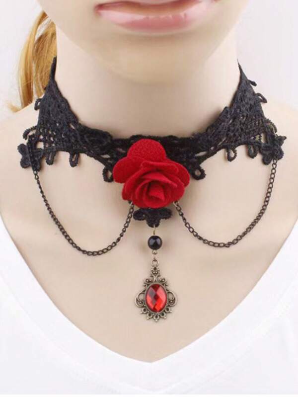 New Lace Necklace, Red Rose & Gemstone Pendant Sweater Chain, Girls Bracelet, Earrings Accessories Set In Polyester