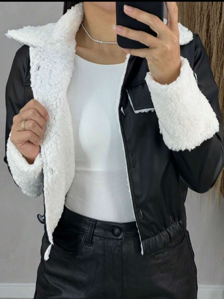 Women's Leather Jacket With Hair - Negro - Ver 1