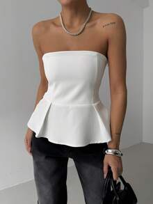 黑色时尚纯色优雅休闲拉链荷叶边下摆抹胸 - 白色 - 查看 3