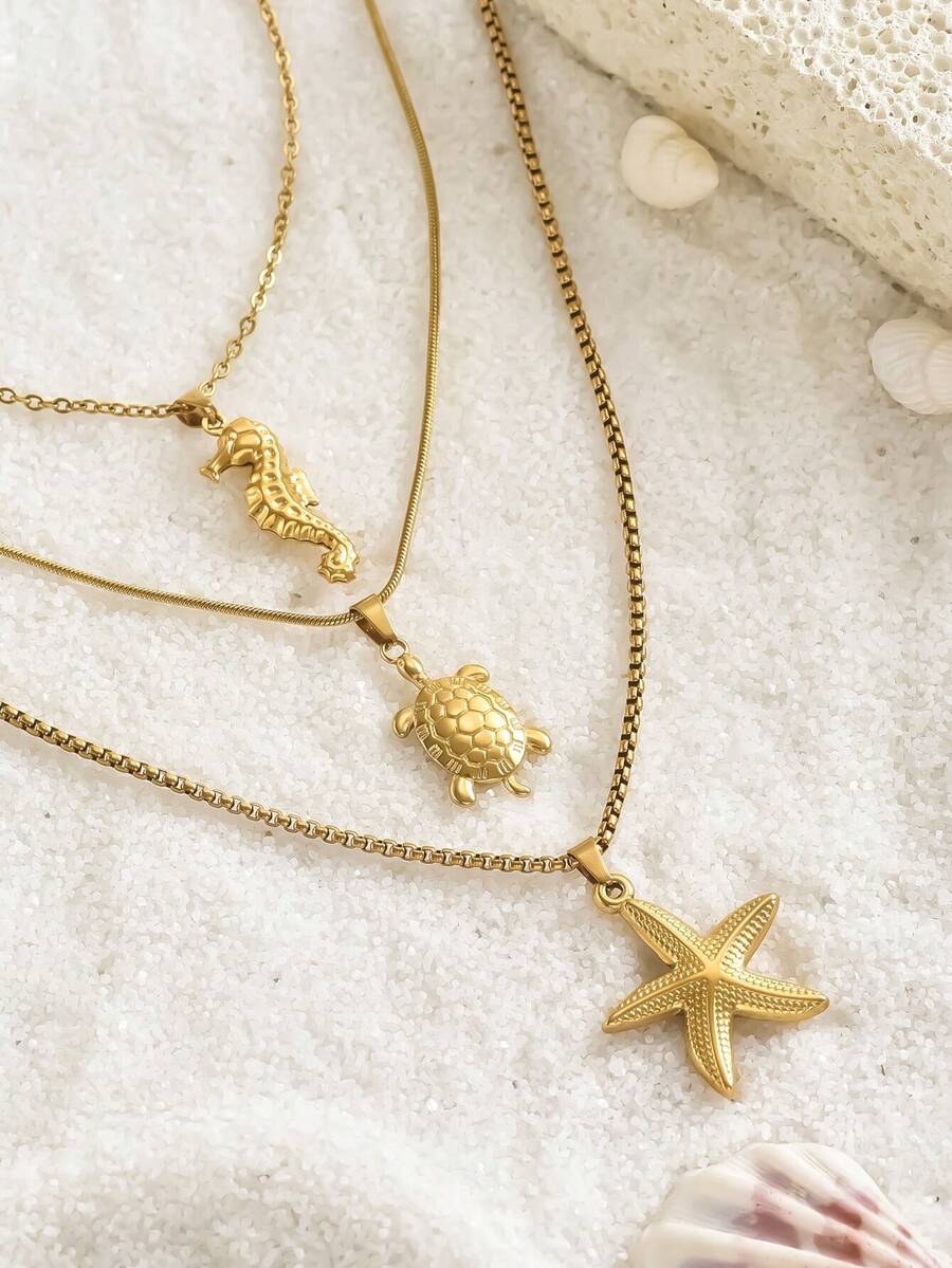 3 件套时尚不锈钢项链套装 - 海星/海马/海龟吊坠，适合日常佩戴、节日、度假、约会、派对、节日礼物 - 金黃色 - 查看 1