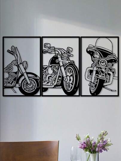 1PC Iron Art Mural - Industrial Iron Sheet Cutting With Rust Proof Treatment - Minimalist Black & White Line Motorcycle Silhouette (With Cartoon Elements) - Perfect For Motorcycle Themed Spaces, Halloween & Christmas Decor - Wall Art, Home Decor, Industrial Style Decoration