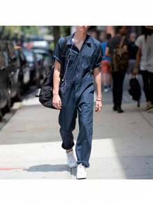 European & American  Cross  Border Men's Lapel Multi  Pocket Button Short  Sleeve Loose Workwear Long  Pant Jumpsuit