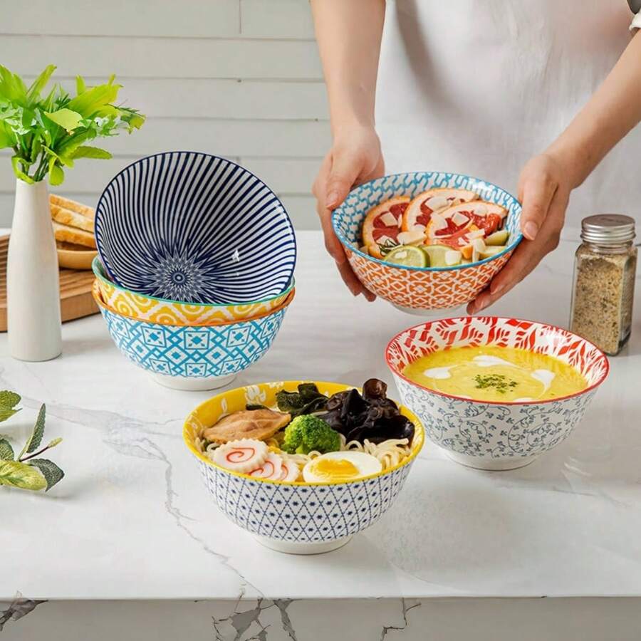 6pcs Set, 24 Oz Deep Ceramic Bowls - 6 Inch Assorted Color Porcelain Soup And Cereal Bowls For Pasta, Salad, Dessert, Rice, Noodles - Microwave, Oven, Dishwasher Safe - Ideal For Daily Use, Kitchen, Christmas, Weddings, Housewarmings - 彩色 - 查看 1