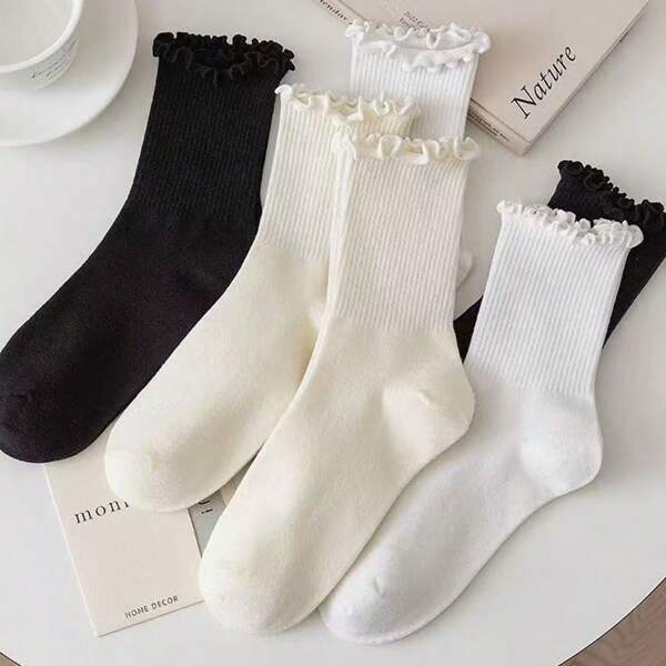 10 Pairs Women's Solid Color Ruffle Hem Stacked Socks, Casual Mid-Calf Socks, Fresh Style, Versatile For All Seasons