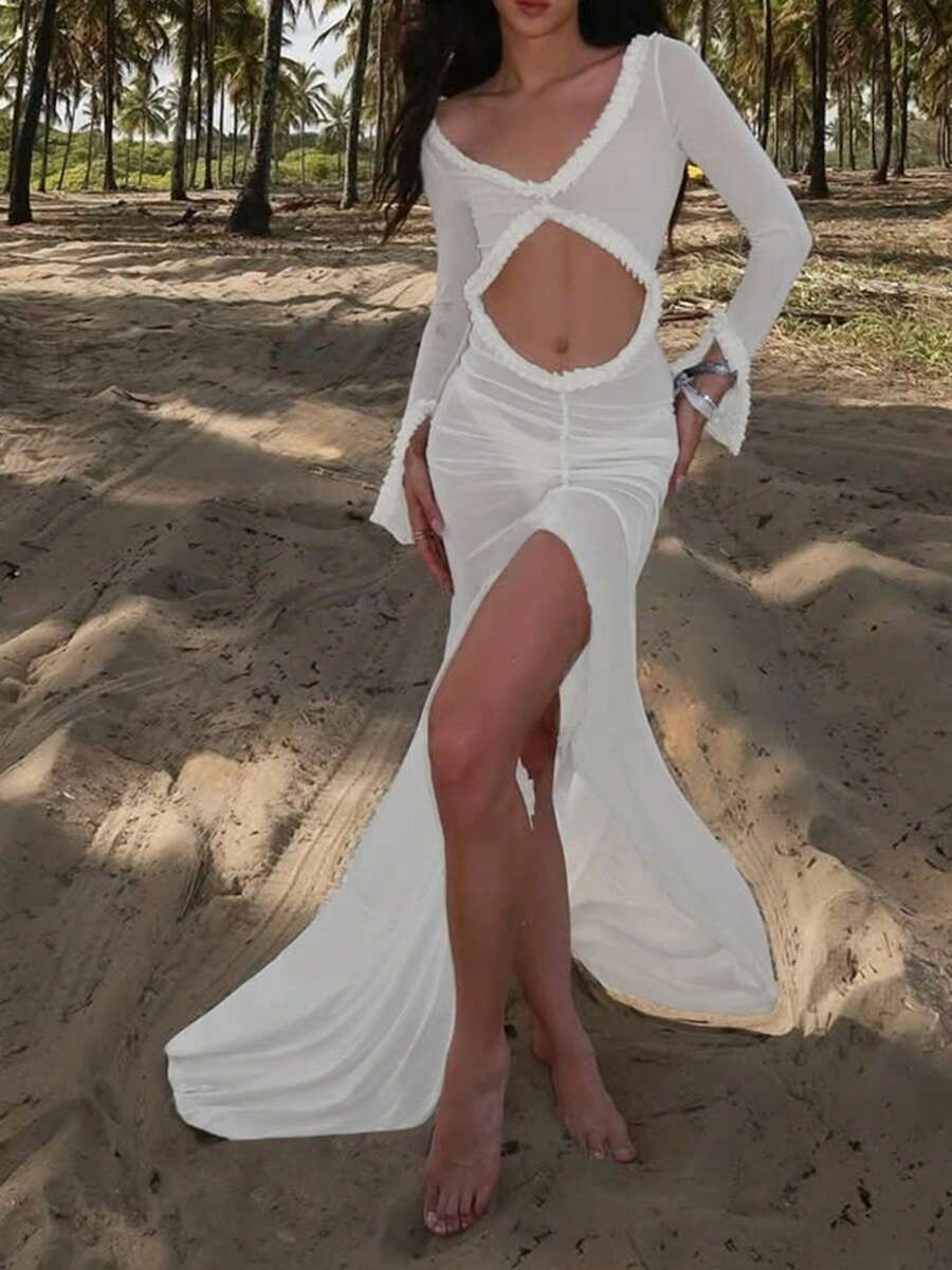 Long-Sleeved V-Neck Ruffled Mesh See-Through Hip-Wrapped Long Dress - White - View 1
