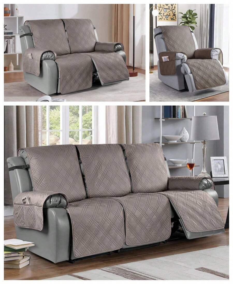 1/2/3 Seat Waterproof Recliner Sofa Cover, Non Slip Recliner Chair Covers, Washable Reclining Couch Cover Outdoor Cushion Covers Garden Furniture Protector With Elastic Straps Pocket For Pets, Cats, Dogs Khaki - 卡其色 - 查看 1