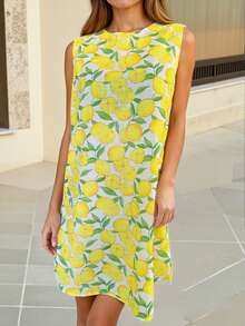 Spring/Summer Women's Fashion: Elegant, Minimalist, And Sophisticated Beach Vacation Round Neck Sleeveless Pullover Lemon Random Print Design Fitted Short Skirt Summer Holiday Outfit Outing Dress Holiday Attire Women's Casual Wear - Multicolor - View 2