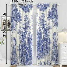 2pcs Blue Toile De Jouy Style Blackout Curtains - Elegant Floral Design, Grommet Top, Thermal Insulating & Light Blocking For Living Room And Bedroom Decor, Polyester Material, Wrinkle-Resistant, Curtains For Living Room