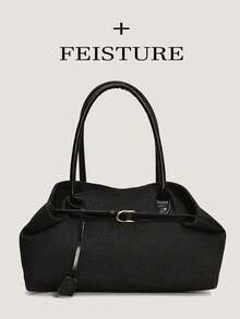 FEISTURE 1 件黑色牛仔布手提包，带肩带装饰，大容量单肩包，带磁扣，适合女孩、女士、大学生、办公室职员和专业人士，非常适合工作、商务、通勤和上学 - 黑色 - 查看 10