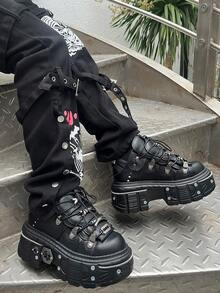 Fashion Women's Flat Platform Ankle Boots Black Round Toe High Heel Sneakers Thick Soft Sole Bottom Booties Lace-Up Metal Decor Halloween Y2K Style Sports Shoes - 黑色 - 查看 7