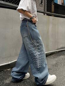 1 pieza Jeans de pierna ancha y ajuste holgado con bordado retro estilo americano, pantalones casuales de calle alta personalizados con remaches y perlas, unisex (cinturón y accesorios no incluidos) - Azul - Ver 5