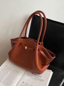 1pc Ladies Retro Solid Color PU Leather Shoulder Bag, Large Capacity Handbag With Double Handles And Snap Closure, Suitable For Travel, Shopping, Dating, Gifts For Women, Fit For Teenagers, College Students, Beginners And Office Ladies, Great For Office, School, Work, Business, Commuting, Outdoor, Travel, Picnic