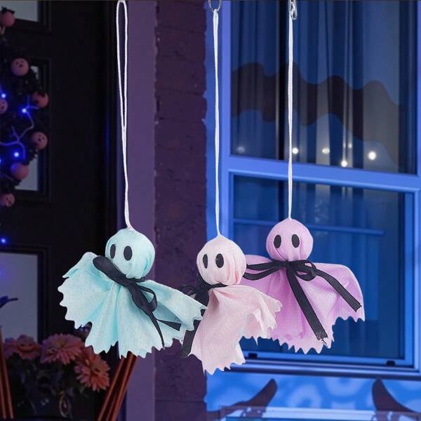 3pcs/Set Halloween Colorful Ghost Hanging Decor, Home Holiday Decoration, Halloween Atmosphere Arrangement, Butterfly Ghost - Purple/Pink/Blue Ghost