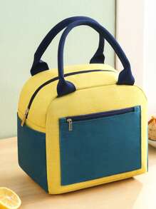 1 pieza Bolsa de almuerzo con capacidad grande y bloques de color para estudiantes - Diseño de tela Oxford portátil, revestimiento de aluminio grueso, fácil de llevar, mantiene la comida caliente y fría, adecuado para viajes al aire libre, estilos masculinos y femeninos, sin contacto con los alimentos, bolsa de almuerzo aislada, esencial para volver a la escuela