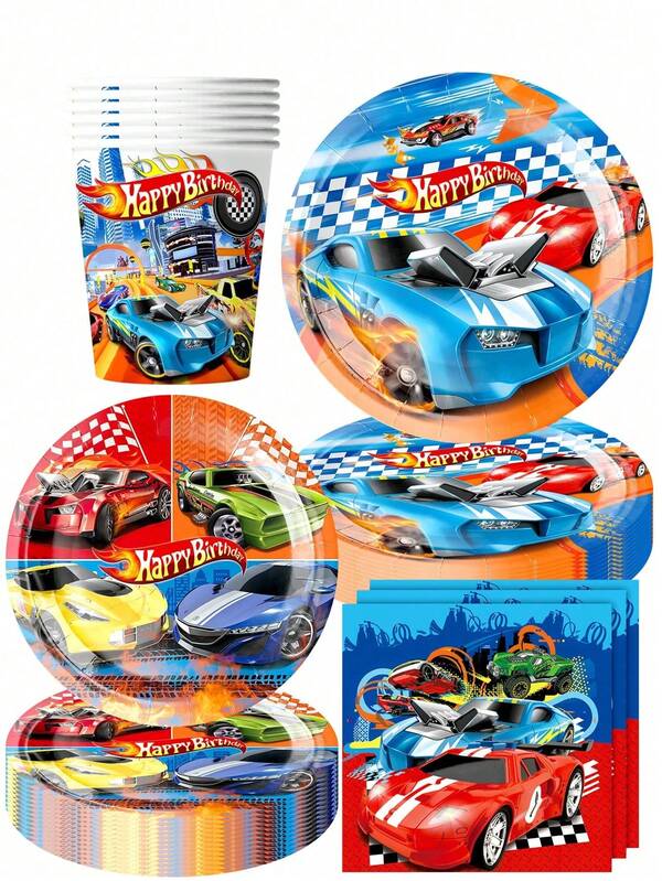 Juego de vajilla desechable para fiesta de cumpleaños de autos de carreras - 10 piezas de platos de 7/9 pulgadas, vasos de 9 onzas y servilletas