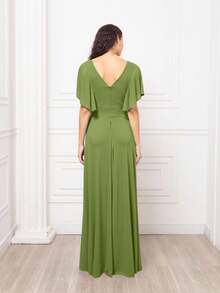 Bridesmaid Long Evening Dress With Short Sleeve Wrap Neckline And Side Slit Simple Elegant Party ElegantElegance Shiny Zipper Ruffle Side Slit Bridesmaid Wedding Party Birthday Party Graduation Party Formal & Evening Wedding Guest Prom - Màu xanh Ô liu - Xem 4