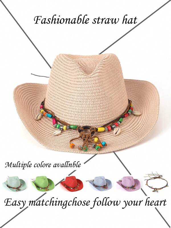 1pc Boho Beaded Cowboy Hat, UV Protection Straw Hat, Versatile & Suitable For Daily Commute, Unisex