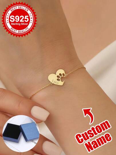 Pulsera personalizada de plata de ley S925 con nombre de mascota y corazón - Regalo personalizado para amantes de las mascotas, mamás/papás de perros o gatos, hermanas, amigos y para ti. Ideal para cumpleaños, Día de la Madre, conmemoración de mascotas, estilo adorable y momentos conmovedores.