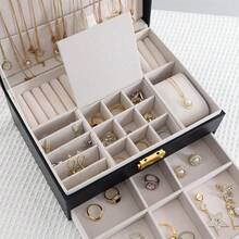 Large PU Leather Jewelry Organizer Storage Case With Two Layers Display For Earrings Bracelets Rings And Watches Black - Black-01 - View 5