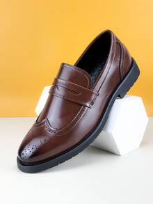 时尚简约男士便士乐福鞋牛津鞋优雅绅士皮革正装鞋布洛克鞋商务正装鞋纯色防滑鞋底休闲鞋男派对婚礼新郎鞋，春夏秋季，加大码正装/商务正装