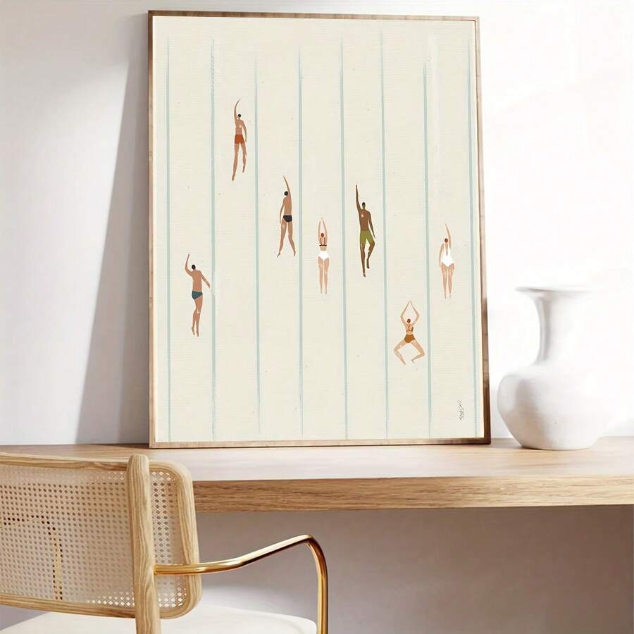 Impresión de arte decorativo de nadador minimalista, arte de pared en lienzo moderno para interiores, póster estético de piscina de dibujos animados, adecuado para decoración de oficina en casa, baño, sala de estar, dormitorio, comedor, orientación de retrato sin marco - transparente - Ver 1