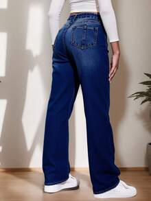 Pantalones Vaqueros Baggy De Cintura Alta Con Bolsillos Inclinados Estilo Boyfriend, Jeans lavados rasgados diarios simples en azul oscuro para mujer - Azul - Ver 2