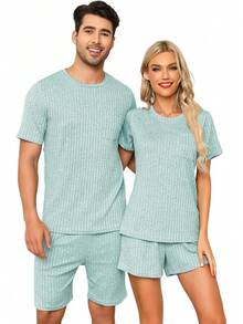 Matching Pajamas For Couples Ribbed Knit Lounge Set Soft Short Sleeve 2 Pieces Sleepwear S-XXLhalloween - 深藍色 - 查看 10