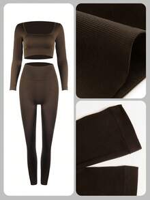 2pcs Women Solid Color Long Sleeve Top And Slim Fit Pants Set, Spring Autumn - Cà phê nâu - Xem 7