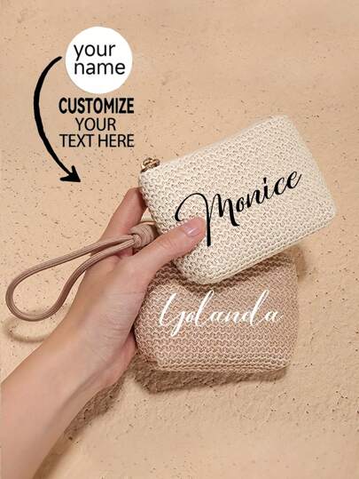 1 pieza Bolso de mano de paja personalizado para mujer, se puede personalizar con su nombre, bolso de playa estilo bohemio con cremallera, correa para la muñeca, cartera, cabe teléfono, monedas y llaves - Ligero, lavable, forro de poliéster - Caqui/Beige, accesorio de playa | Estilo bohemio | Material de paja, bolso de playa