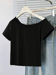 女式性感不对称领口短袖修身短款上衣 - 黑色 - 查看 8