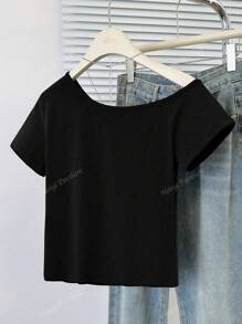 Women's Sexy Asymmetrical Neck Short Sleeve Fitted Crop Top