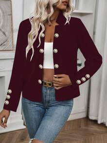 Women Plain Color Button Front Thin Jacket, Spring Autumn - Burgundy - View 4
