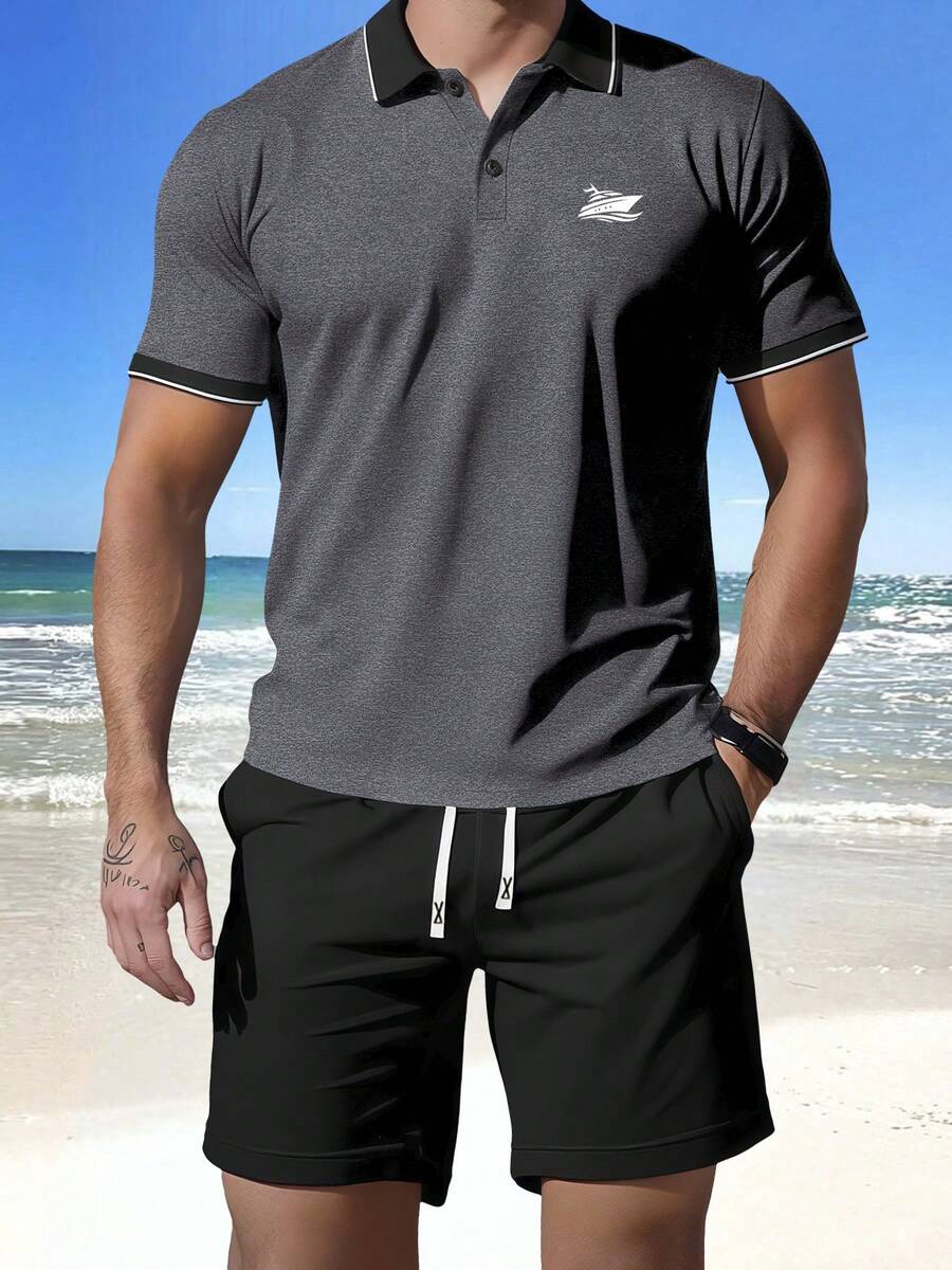 Summer Men 2pcs Set: Short Sleeve Polo Shirt + Shorts, Cartoon Sailboat Print, Breathable & Comfortable, Suitable For Beach, Vacation, Daily, Camping, Cycling, Outdoor Sports & Casual Wear, A Great Gift For Boyfriend