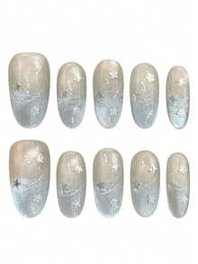 10 件手工指甲蓝色闪光猫眼法式星空星线装饰，中长椭圆形假指甲夏季指甲亚克力按压指甲，含果冻胶和指甲锉，DIY 美甲用品，每日情人节返校海滩必备 - 淺藍色 - 查看 6