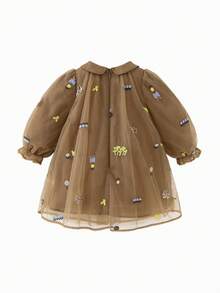 mini bala Girls Embroidered Mesh Party Dress, Sweet Peter Pan Collar - Coffee Red Tone - View 3