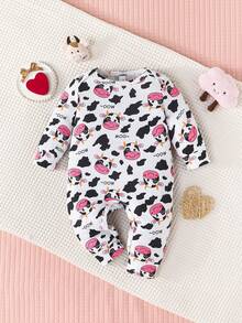 Infant Girls' Spring Autumn Cute Cow Letter Print Long Sleeve Round Neck Jumpsuit Casual Loungewear Set - Multicolor - View 6