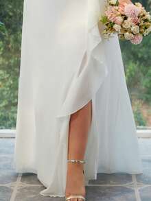 加大码雪纺开衩轻盈婚纱，正式长裙，适合晚礼服、新娘送礼会、单身派对、订婚、招待会、彩排