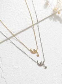 1pc Star & Moon Pendant Necklace With Rhinestones, Simple Stainless Steel Clavicle Chain Jewelry, Birthday, Holiday & Date Night Gift For Women, Suitable For Daily Wear