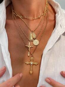 HOTNICE 4pcs Vintage Metal Geometric Round Pendant Multilayer Necklace Set, Women Punk Style Jesus Cross Pendant Necklace