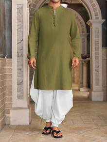 Runcati Men's Cotton Linen Henley Button Down Thobe Long Sleeve Casual Muslim Kaftan Gown - xanh quân đội - Xem 3